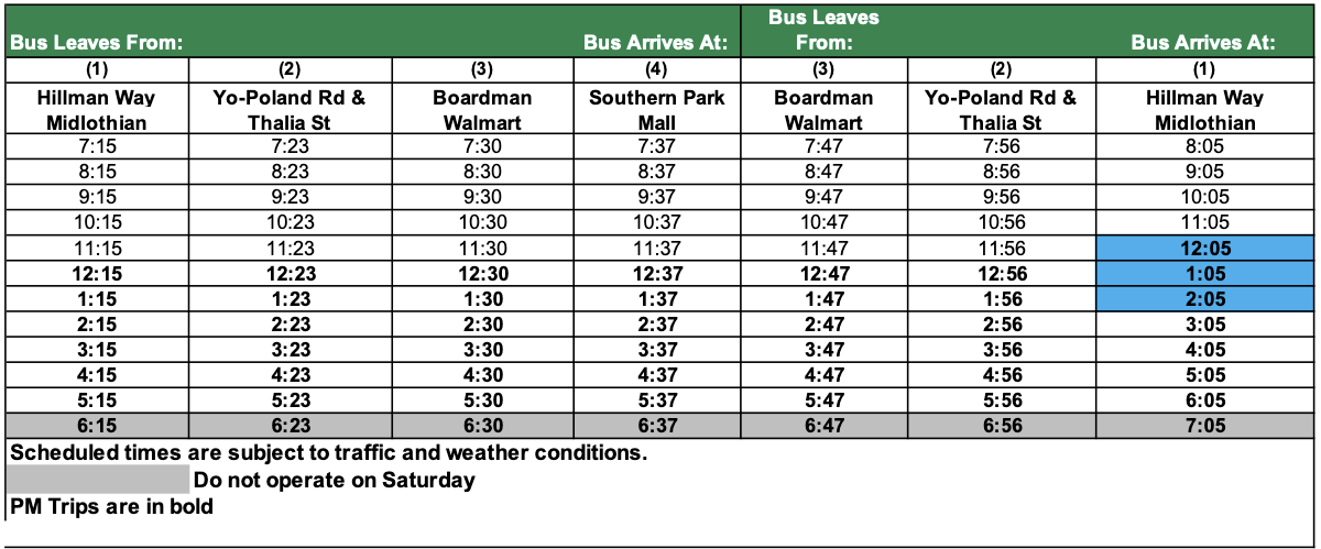 Midlothian Crosstown Schedule